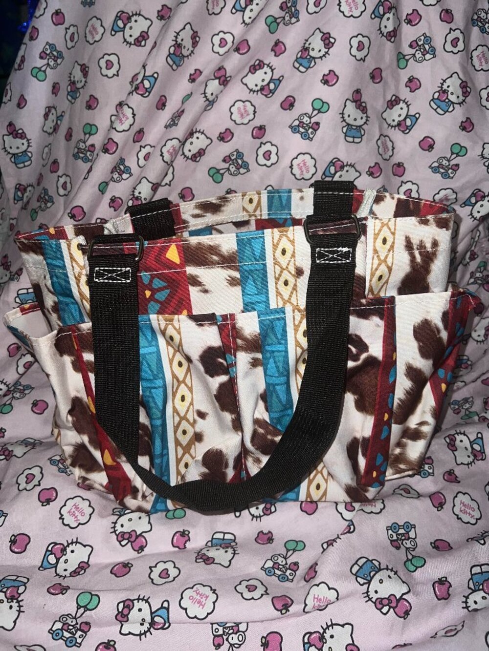 Western Cow Print Aztec Tote Bag Boho Southwestern Shoulder Tote - Picture 2 of 3